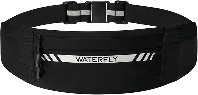 WATERFLY Running Belt Fanny Pack: Slim Breathable 4 Pocket Waist Bag for Men Women Sport Workout Exercise Fitness Phone Holder - Runner Marathon Jogging Waistband Fits ALL Phones Black-StrideForce Fitness