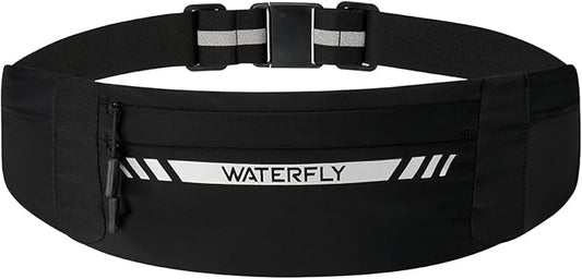 WATERFLY Running Belt Fanny Pack: Slim Breathable 4 Pocket Waist Bag for Men Women Sport Workout Exercise Fitness Phone Holder - Runner Marathon Jogging Waistband Fits ALL Phones Black-StrideForce Fitness