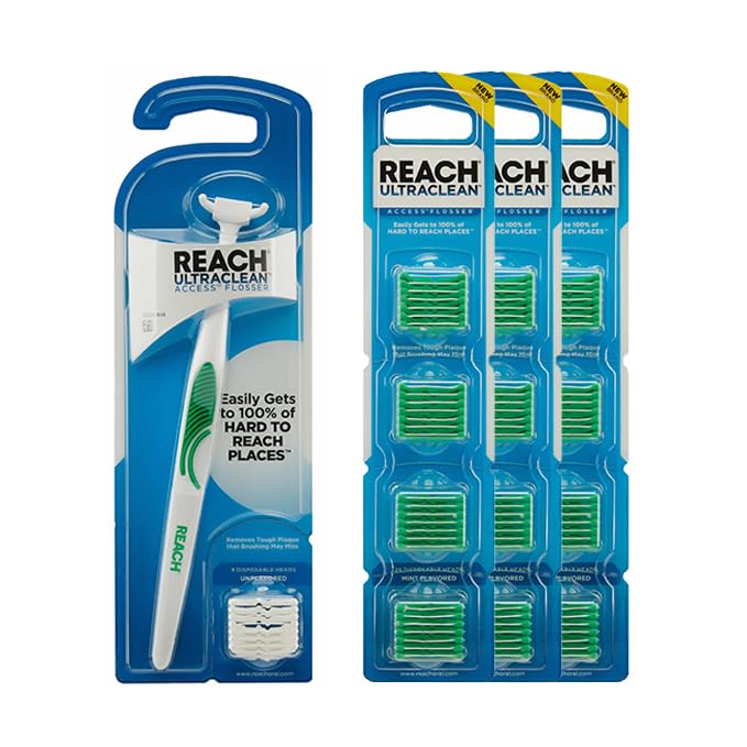 Reach Ultraclean Access Flosser Bundle, Mint, Plaque Remover for Teeth, for Hard to Reach Areas, Oral Care, PFAS-Free, 1 Flosser Starter Kit + 3 Packs Refill Heads