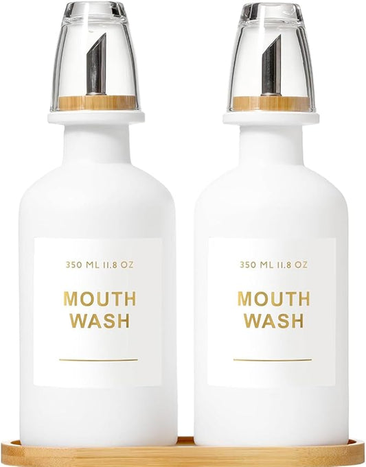 11.8OZ Mouthwash Dispenser for Bathroom with Bamboo & Stainless Steel Pour Spout, Mouthwash Cups Reusable, Bamboo Tray, and Elegant Gold Label. Set of 2（White