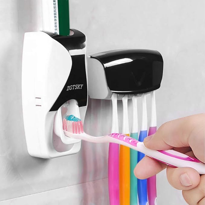 Toothbrush Holder Toothpaste Dispenser Set, Wall Mounted Automatic Hands-Free Toothpaste Dispenser, for Family Washroom Bathroom(黑色)