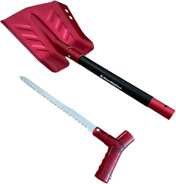 Emergency Snow Shovel with Saw - Converts from Dig to Chop/Hoe Mode Portable for Snowmobiles, Skiing, Backcountry, Avalanche Rescue Winter Survival Gear Car, Camping T6 Aluminum, Red-StrideForce Fitness