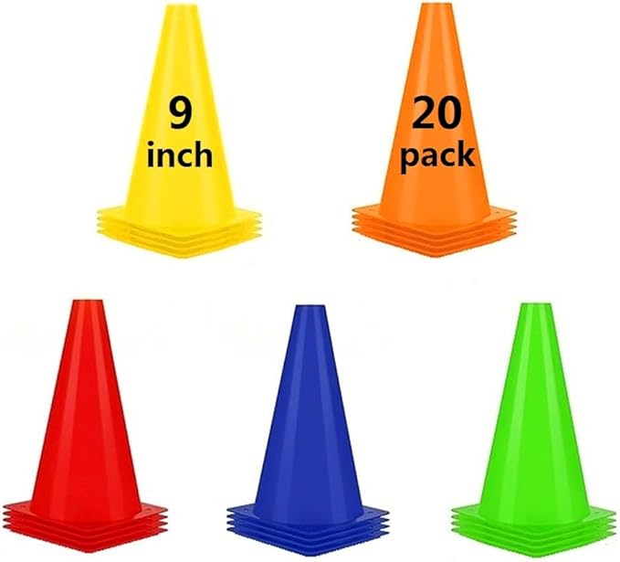Soccer Cones (9 Inch 20 Pack), Agility Training Sport Cone with Carry Bag for Drilling Football Basketball Field Markers,-StrideForce Fitness