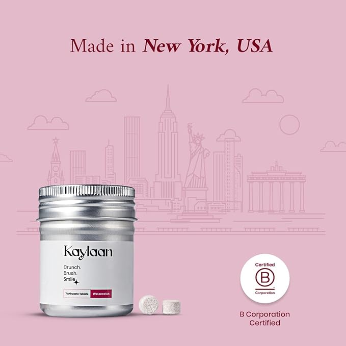 Kalyaan Kids Toothpaste Tablets with Fluoride | Whitening, Sensitivity Relief & Cavity Protection | Chewable, Plastic-Free, Travel-Friendly - Watermelon, 90 Count, Made in USA