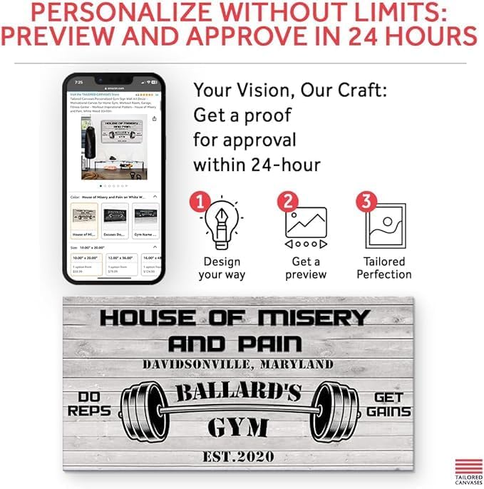 Tailored Canvases Personalized Gym Sign Wall Art Decor - Motivational Canvas for Home Gym, Workout Room, Garage, Fitness Center - Workout Inspirational Posters - House of Misery and Pain, White Wood 60x30in-StrideForce Fitness