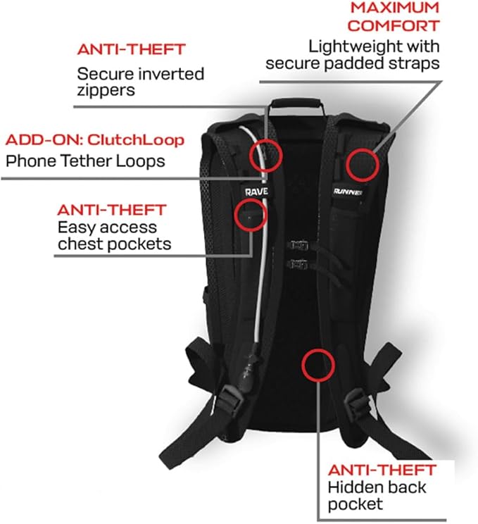 RAVERUNNER® Anti-Theft Hydration Backpack | Festival Approved Rave Backpack for Concert Goers, Leak-Free Festival Water Backpack for EDC, Rave Hydration Pack-StrideForce Fitness