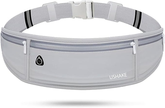 USHAKE Slim Running Belt, Workout Fanny Pack for Men Women,Exercise Waist Pack for Apple iPhone Holder, Runner Belt for Running Walking Cycling Camping Gym Light Grey-StrideForce Fitness