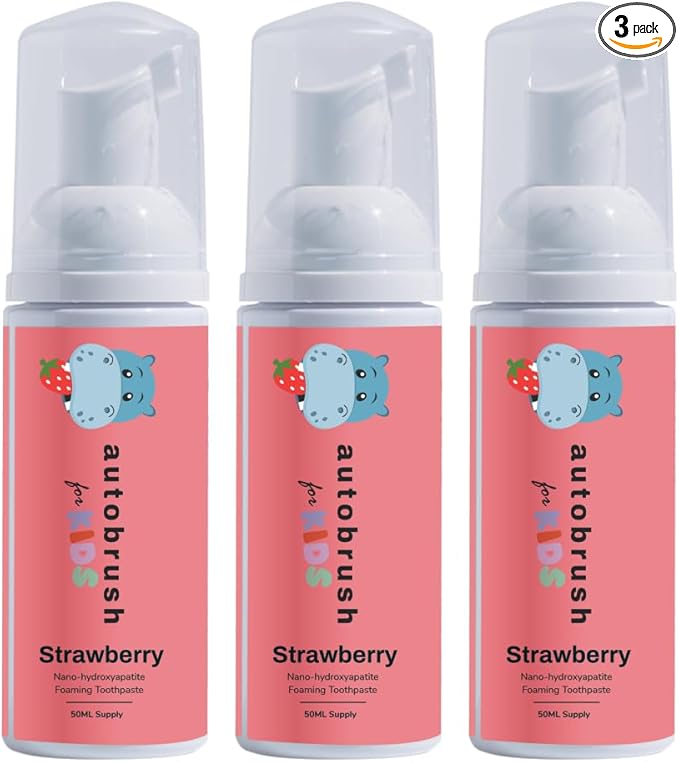 Autobrush Fluoride-Free Foaming Toothpaste for Kids, Strawberry Flavor, Whitening & Deep Cleaning, Travel Friendly, Anti-Cavity (Pack of 3)