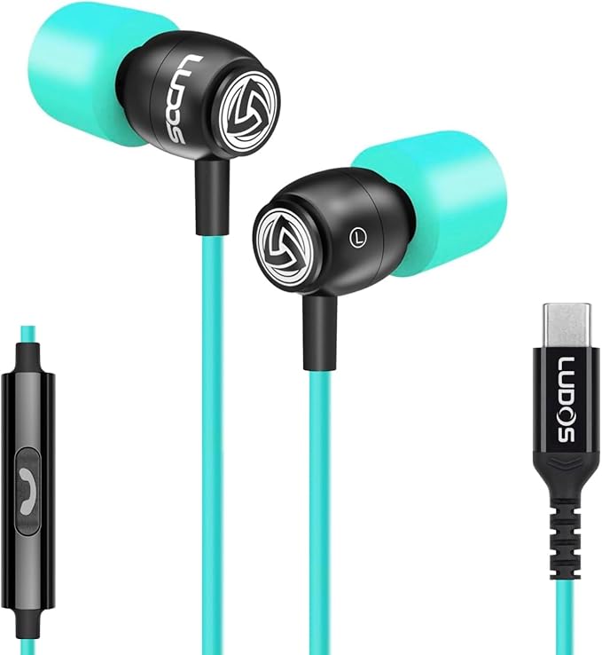 LUDOS Clamor USB C Headphones for iPhone 16 15 Pro Max Plus iPad Pro, 5 Years Warranty, USB-C Earbuds for Samsung Galaxy S24 S23 Ultra S22 S21 FE S20 A55 A54 A53, USB Type C Earphones - Turquoise-StrideForce Fitness