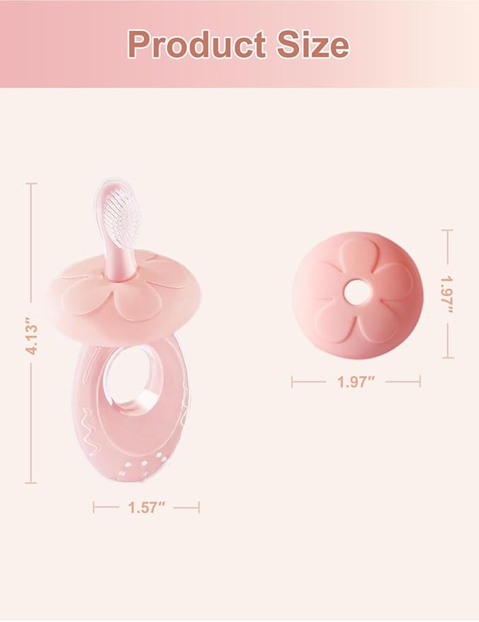 Baby Toothbrush & Teether for Infant and Toddler, Silicone Baby Oral and Tongue Cleaner, Ultra Soft Infant Training Toothbrush with Travel Case, Adjustable Safety Shield - Pink