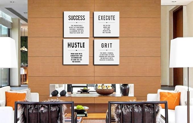 Motivational Grit Success Execute Hustle White Quotes Canvas Wall Art -Inspirational Wall Art Poster Canvas Artwork Picture Print Framed for Home Bedroom-12 x12 x4pcs-StrideForce Fitness