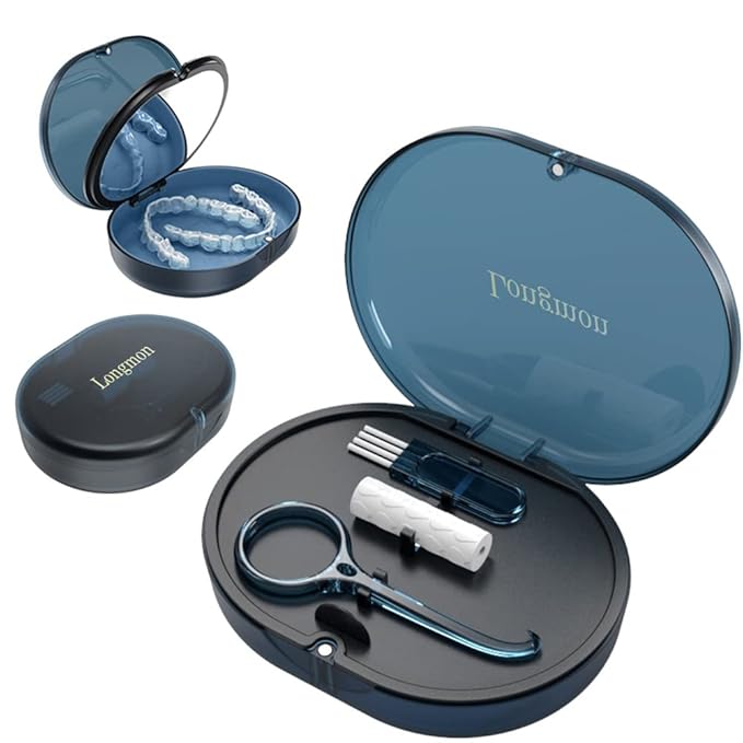 New Double-layer Retainer Storage Case with Belt Chewing,Removal Tool,Cleaning Brush,Built in Mirror Orthodontic Retainer Case