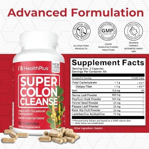 Health Plus Super Colon Cleanse 30 Day Supply of Gentle Gut Cleanse Detox, Psyllium Husk, Probiotics for Constipation Relief & Digestive Support, 120 Capsules-StrideForce Fitness
