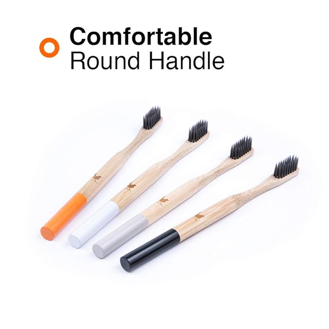 Bamboo Toothbrush with Soft Charcoal Infused Bristles, New Set of 4 Eco Friendly Toothbrushes, BPA Free and Tongue Scraper