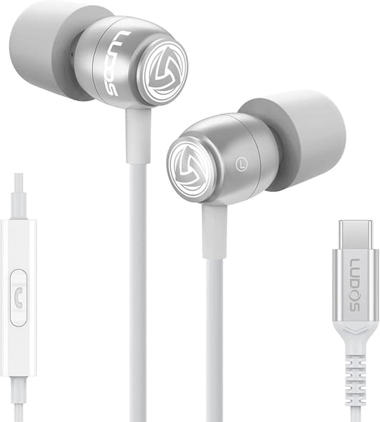 LUDOS Clamor USB C Headphones for iPhone 17 16 15 Pro Max Plus Air iPad Pro, 5 Years Warranty, USB-C Earbuds for Samsung Galaxy S24 S23 Ultra S22 S21 FE S20 A55 A54 A53, USB Type C Earphones - White-StrideForce Fitness