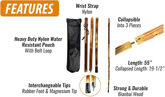 SE 3 Piece 55" Detachable Pine Wood Walking/Hiking Stick with Metal Tip, Reinforced Rubber Tip, and Water-Resistant Travel Pouch - Portable and Durable for Outdoor Adventures-StrideForce Fitness