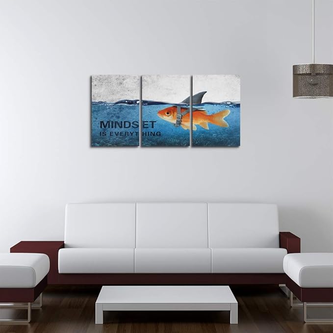3 Panels Modern Framed Inspirational Canvas Wall Art Goldfish Body Strong Shark Heart Mindset is Everything Motivational Wooden Decor Posters for Office Gym Classroom Home Decoration(48''W x 24''H)-StrideForce Fitness