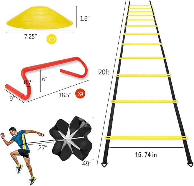 Speed & Agility Ladder Training Equipment Set, Includes 12 Rung 20ft Agility Ladder, 4 Agility Hurdles,12 Disc Cones, 1 Resistance Parachute for Training Football Soccer Basketball Athletes-StrideForce Fitness