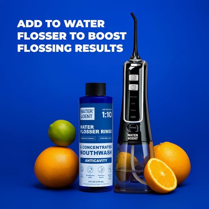 Fluoride Mouthwash and Water Flosser Аdditive | Add to Oral irrigator | Citrus Mint Flavor | Alcohol Free, Made in USA | Concentrated 1:10 = 44 fl.oz