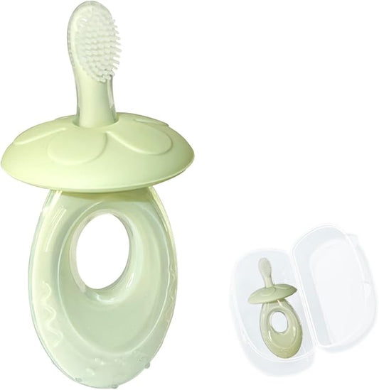 Baby Toothbrush & Teether for Infant and Toddler, Silicone Baby Oral and Tongue Cleaner, Ultra Soft Infant Training Toothbrush with Travel Case, Adjustable Safety Shield - Green