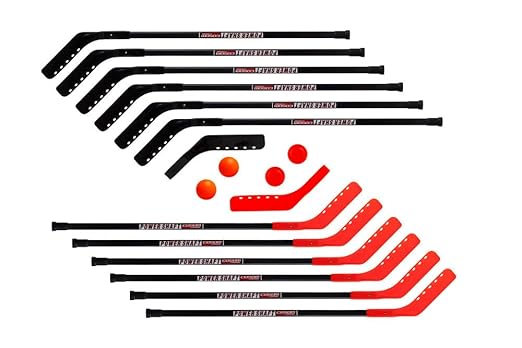 Cosom Senior Hockey Sticks for Floor Hockey and Street Hockey, 47" Standard Shaft, 20 Pieces Set with 12 Plastic Sticks, 2 Goalie Sticks, 3 Pucks and 3 Balls-StrideForce Fitness
