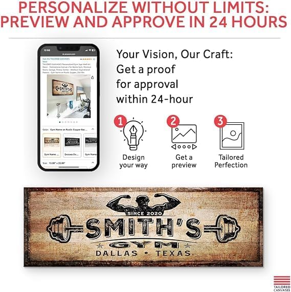 TAILORED CANVASES Personalized Gym Sign Wall Art Decor - Motivational Canvas s for Home Gym, Workout Room, Garage, Fitness Center - Workout Inspirational Posters - Gym Name on Rustic Copper, 48x16in-StrideForce Fitness