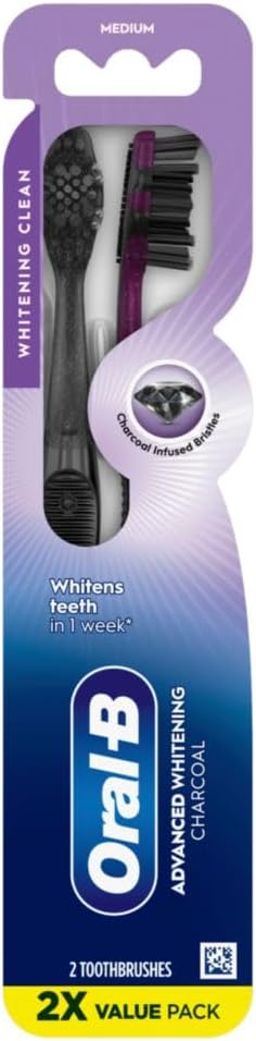 Oral-B 3D White Charcoal toothbrush, 2 count MEDIUM manual tootbrush pack, Whitens teeth, removes plaque and stains, tongue scraper tooth brush