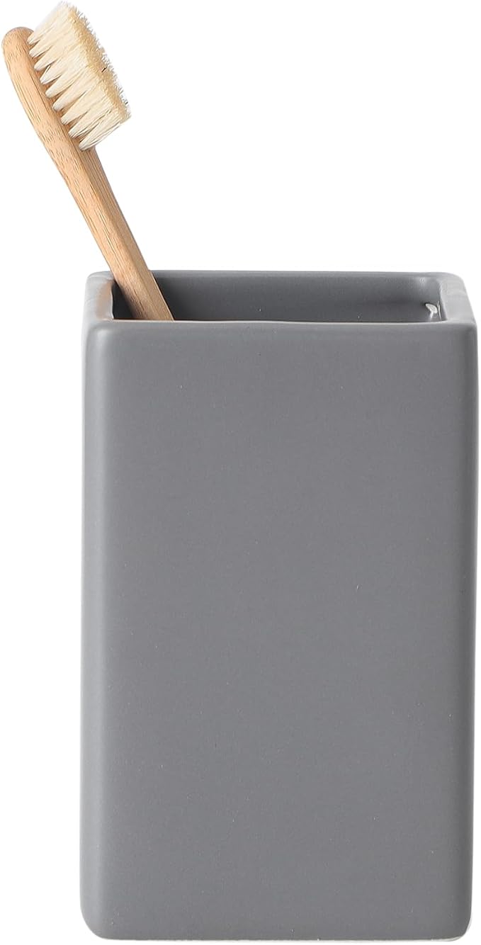 Grey Square Toothbrush Holders - Ceramic Toothbrush Holders for Bathrooms, Toothbrush Toothpaste Holders, Marble Bathroom Tumbler Cups Reusable Toothbrush Mouthwash Cup, Bathroom Counter Organizer