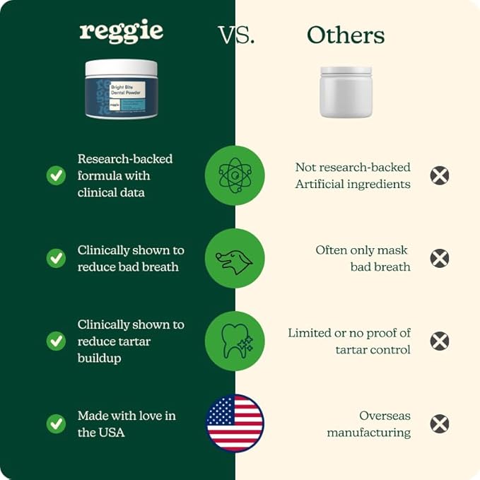 Reggie Dental Powder for Dogs | Reduce Bad Breath in 7 Days, Plaque & Tartar Control | Natural Dog Dental Supplement | Postbiotic Formula with Organic Kelp | Vet-Approved & Made in USA | 60 Servings