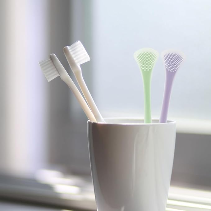 2Pcs Multifunctional Silicone Tongue Scrapers for Adults and, Portable Double-Sided Tongue Cleaners in Mint Green and Lavender for Oral Hygiene and Bad Breath Removal