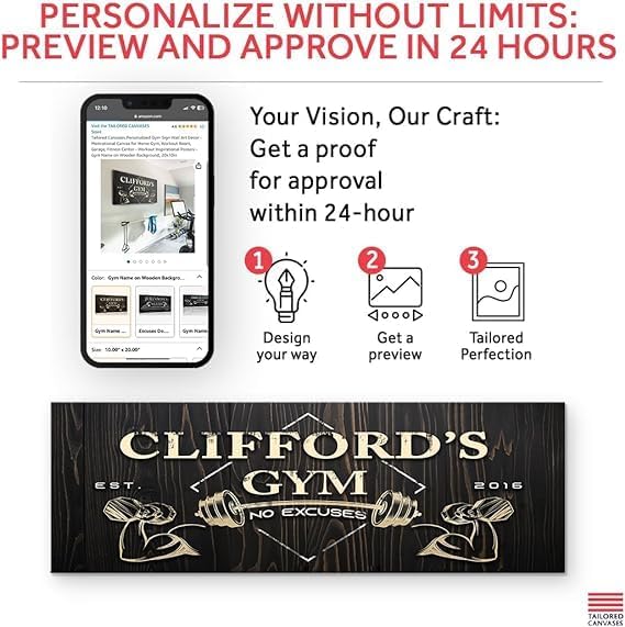 Tailored Canvases Personalized Gym Sign Wall Art Decor - Motivational Canvas for Home Gym, Workout Room, Garage, Fitness Center - Workout Inspirational Posters - Gym Name on Wooden Background, 48x16in-StrideForce Fitness