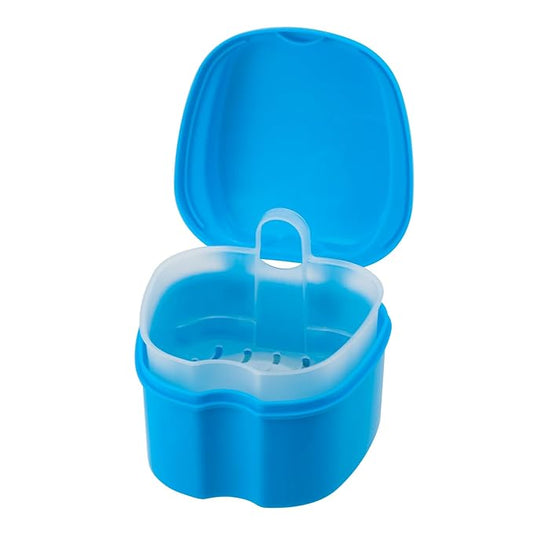 Dental Orthodontic Retainer Case Cleaning with Strainer Basket, Denture Bath Box Soaking Cup Mouthguard Storage Holder - Blue