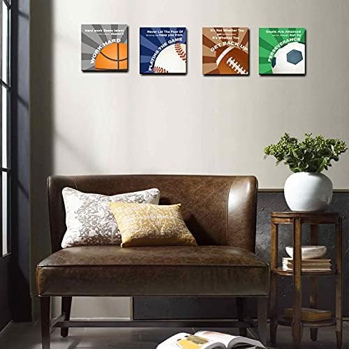 KaiLeFu-Colorful Sports Inspirational Quotes Framed Canvas Wall Art -Motivational Basketball Baseball Soccer Football Quotes Sport Art Wall Decor for Kids Boys Room Classroom -12"x12"x4pcs-StrideForce Fitness