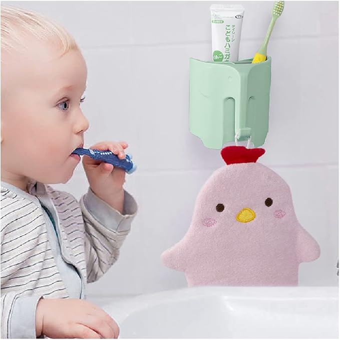 Kids Toothbrush Holder, Cute Elephant Toothbrush Holders for Toddler, Toothbrush Toothpaste Holder for Bathroom, Toothbrush Organizer with 3 Slots and a Hook, Green