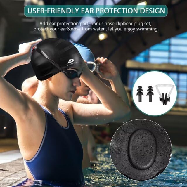 2 Pack Unisex Swim Caps with 3D Ear Protection, Durable Flexible Silicone Swimming Hats for Women Men Kids Adults, Bathing Swimming Caps for Short/Long Hair with Ear Plugs&Nose Clip-StrideForce Fitness