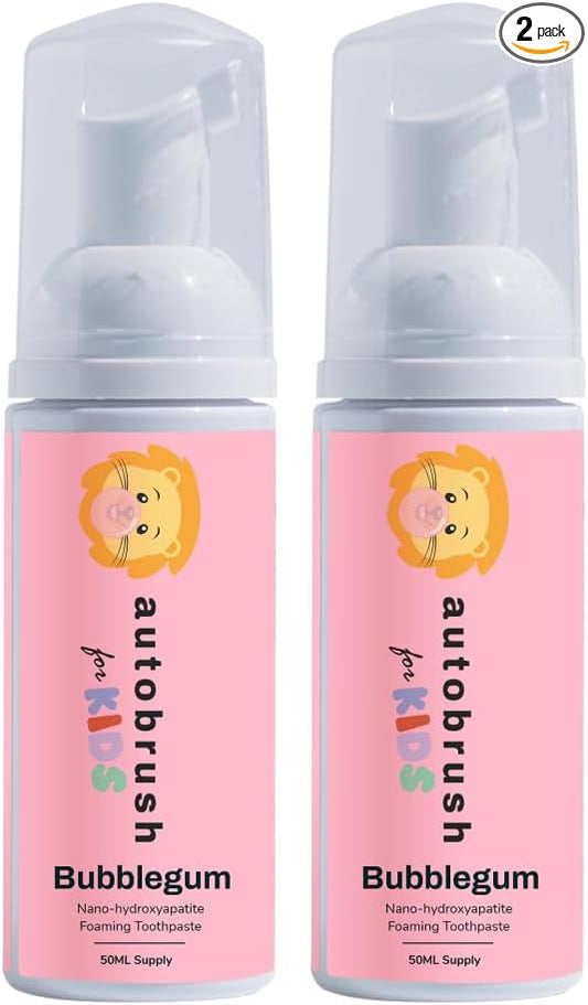 Autobrush Fluoride-Free Foaming Toothpaste for Kids, Bubblegum Flavor, Whitening & Deep Cleaning, Travel Friendly, Anti-Cavity (Pack of 2)
