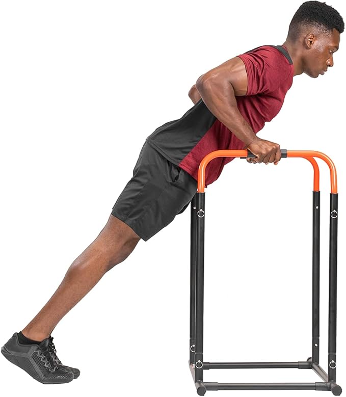 Sunny Health & Fitness Power Tower, Dip Bar, Push-Up & Pull Up Assisting Parallette Station w Optional Rock Climbing Grip Trainer-StrideForce Fitness
