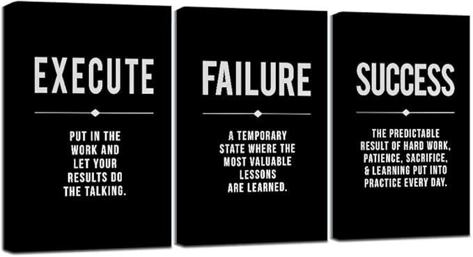 Framed Canvas Wall Art Success Quote, Office Wall Art, Black Large Poster, Positive Motivational Set of 3 Prints, Execute Failure Definition, Inspirational Print (A-3pcs,20x30inchx3pcs)-StrideForce Fitness