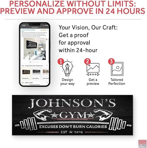 Tailored Canvases Personalized Gym Sign Wall Art Decor - Motivational Canvas for Home Gym, Workout Room, Garage, Fitness Center - Workout Inspirational Posters - Excuses Don't Burn Calories Dark, 48x16in-StrideForce Fitness