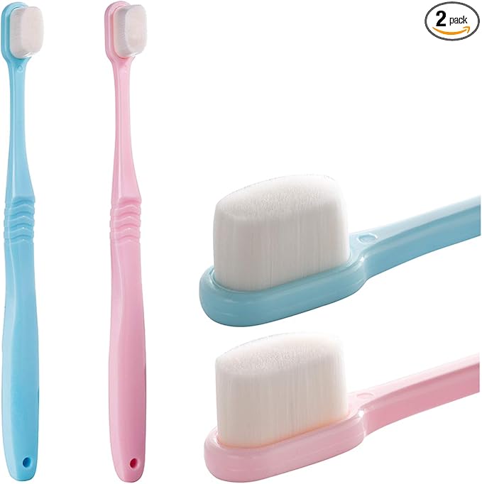 DI QIU REN Extra Soft Toothbrush for Sensitive Gums, Manual Toothbrush with 8 Tubes of 10000 Soft Floss Bristle for Gum Care, Protect Fragile Gums Good Cleaning Effect (Blue & Pink)