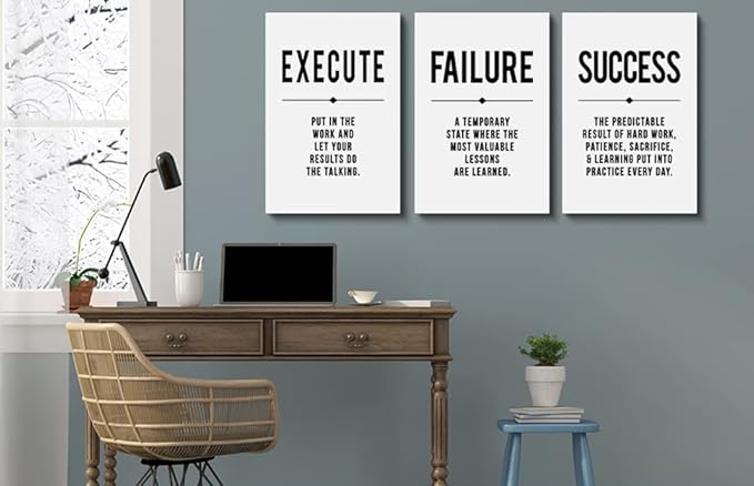 Framed Canvas Wall Art Success Quote, Office Wall Art, Black Large Poster, Positive Motivational Set of 3 Prints, Execute Failure Success Poster, Inspirational Print (D-3pcs,16x24inchx3pcs)-StrideForce Fitness