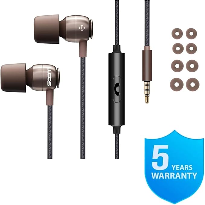 LUDOS Clamor Wired Earbuds in-Ear Headphones, 5 Years Warranty, Earphones with Microphone, Noise Isolating Ear Buds, Memory Foam for iPhone, Samsung, School Students, Kids, Women, Small Ears - Brown-StrideForce Fitness
