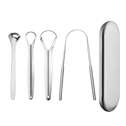 Four-person family set Premium Stainless Steel Tongue Scraper Set, 4 Pack Metal Oral Cleaners for Adults, Professional Dental Hygiene Tools, 5.8 Inch Length