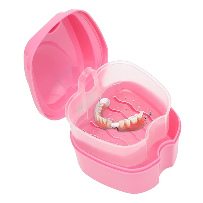 Denture Case, Denture Cup with Strainer, Coolrunner Denture Bath Box False Teeth Storage Box with Basket Net Container Holder for Travel, Retainer Cleaning(Pink）