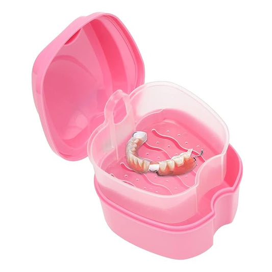 Denture Case, Denture Cup with Strainer, Coolrunner Denture Bath Box False Teeth Storage Box with Basket Net Container Holder for Travel, Retainer Cleaning(Pink）