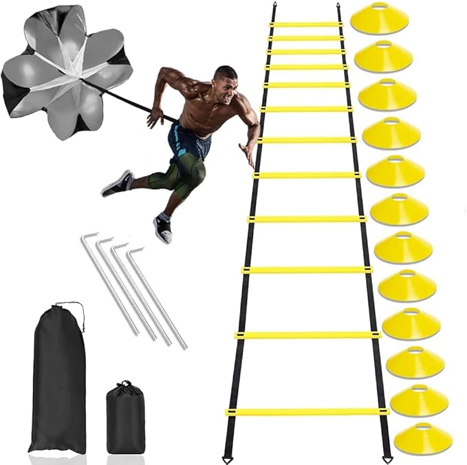 Football Training Equipment | Speed Agility Training Set, Including 1 Agility Ladder, 4 Steel Piles,12 Disc Cones,1 Resistance Umbrella .| for Athletes/Sports Including Football & Basketball-StrideForce Fitness