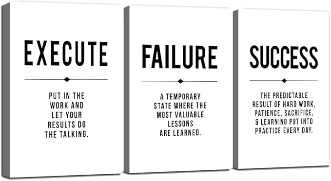 Framed Canvas Wall Art Success Quote, Office Wall Art, Black Large Poster, Positive Motivational Set of 3 Prints, Execute Failure Definition, Inspirational Print (D-3pcs,20x30inchx3pcs)-StrideForce Fitness