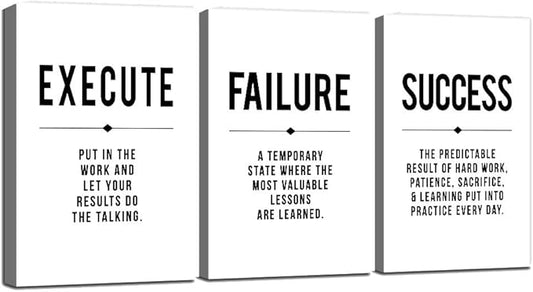 Framed Canvas Wall Art Success Quote, Office Wall Art, Black Large Poster, Positive Motivational Set of 3 Prints, Execute Failure Success Poster, Inspirational Print (D-3pcs,16x24inchx3pcs)-StrideForce Fitness