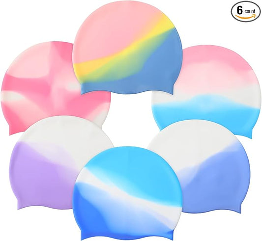 Syhood 6 Pieces Unisex Adult Silicone Swim Cap Waterproof Swimming Hat Non Slip Pool Hat Elastic Silicone Cap for Long and Short Hair-StrideForce Fitness