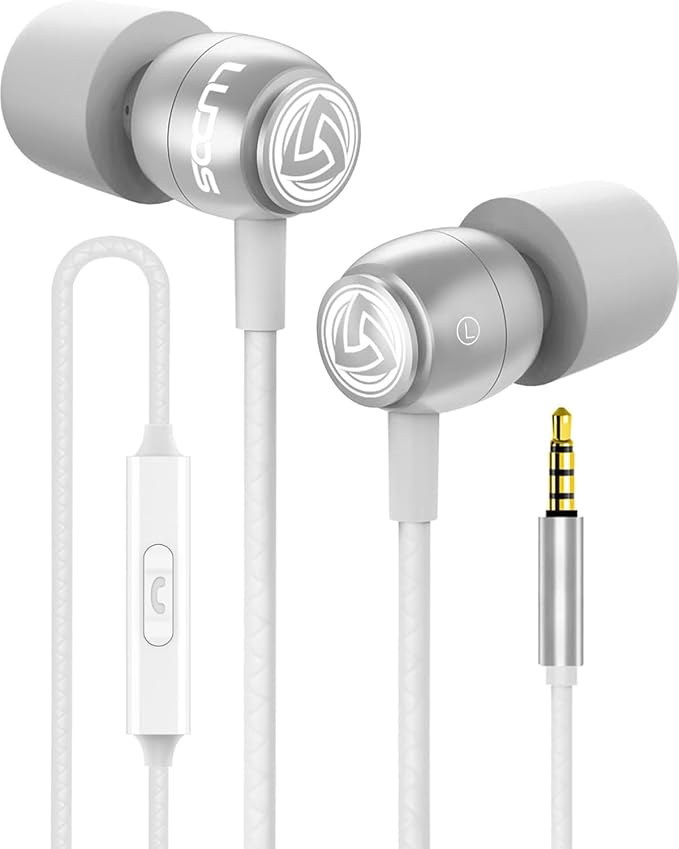 LUDOS Clamor Wired Earbuds in-Ear Headphones, 5 Years Warranty, Earphones with Microphone, Noise Isolating Ear Buds, Memory Foam for iPhone, Samsung, School Students, Kids, Women, Small Ears - White-StrideForce Fitness